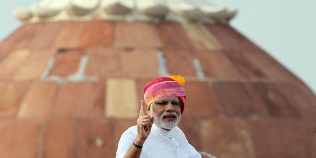 Indian Prime Minister Narendra Modi delivers a speech during an Independence Day celebration at The Red Fort in New Delhi, India on August 15, 2016.