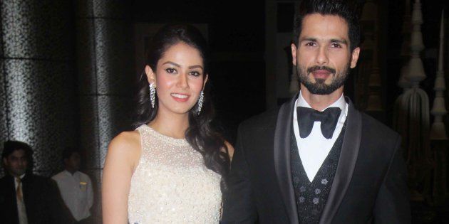 Shahid Kapoor with his wife Mira Rajput during his wedding reception at Palladium, Lower Parel, on July 12, 2015 in Mumbai, India.