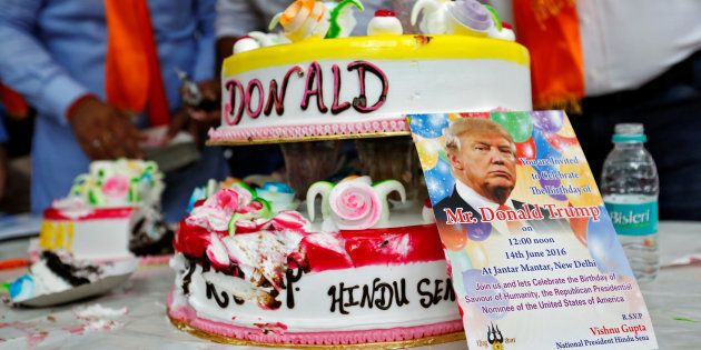 Members of Hindu Sena, a right wing Hindu group, celebrate US Republican presidential candidate Donald Trump's birthday in New Delhi, India June 14, 2016. REUTERS/Cathal McNaughton