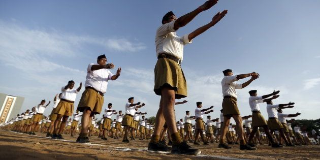 RSS members exercise as they take part in an annual celebration in Ahmedabad, India, April 10, 2016. REUTERS/Amit Dave