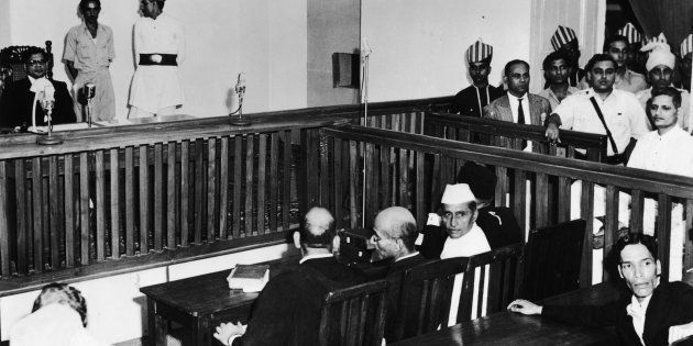 Nathuram Vinayak Godse, bottom right, on trial for the assassination of Mahatma Gandhi in the red fort, Old Delhi, 27 May 1948.