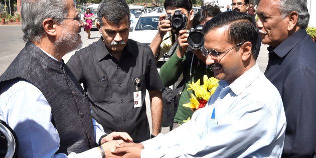 Chief Minister Arvind Kejriwal and Delhi Vidhan Sabha Speaker Ram Niwas Goyal welcome the Lieutenant Governor Najeeb Jung as they arrive to attend the 3rd Session of 6th Legislative Assembly and addressing MLAs at National Capital, on March 22, 2016 in New Delhi.