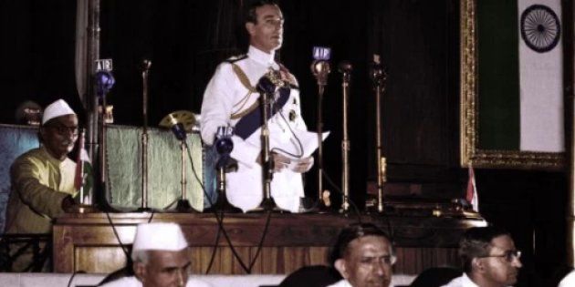 Lord Mountbatten addressing the Indian Parliament--Imagined in coloured photography.