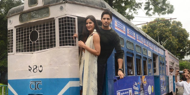 Bollywood actors Sidharth Malhotra and Katrina Kaif take a tram ride during the promotion of upcoming movie 'Baar Baar Dekho'.