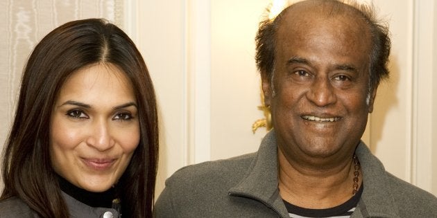 Bollywood director Soundarya and actor Rajinikanth pose in London during the promotion of the film 'Kochadaiyaan.'