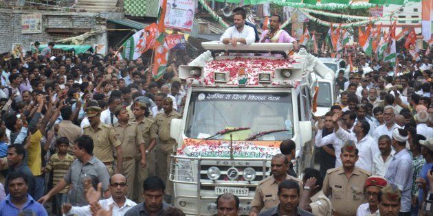 Congress Vice President Rahul Gandhi during his road show in Jaunpur on Saturday.