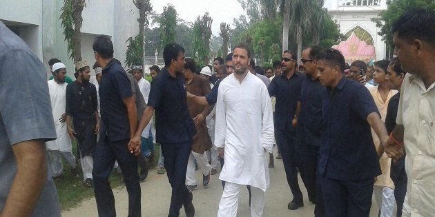 Congress Vice President Rahul Gandhi at a road show during his Kisan Yatra at Mubarakpur in Azamgarh district on Sunday.