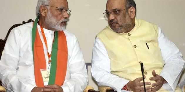 Prime Minister Narendra Modi, with National President of the Bharatiya Janata Party Amit Shah during a meeting at Maharashtra Sadan.