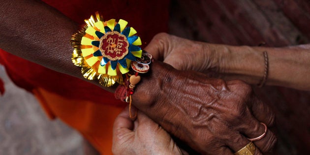 Jamuna Devi, 85, a widow ties a