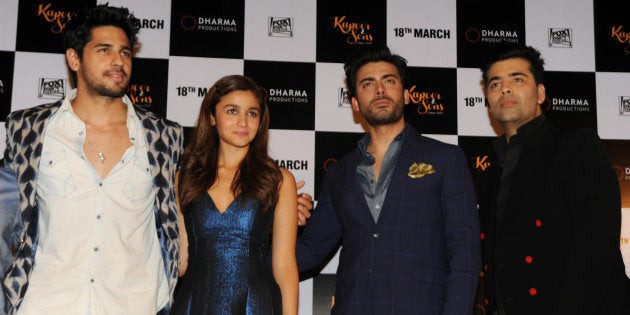 Indian Bollywood actors (L-R) Sidharth Malhotra, Alia Bhatt and Pakistani actor Fawad Khan and producer Karan Johar attend the trailer launch of 'Kapoor & Sons'.