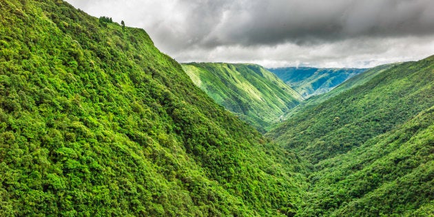 Storm clouds gather over the Khasi Hills with densely forested slopes and deep gorges near Cherrapunjee,...