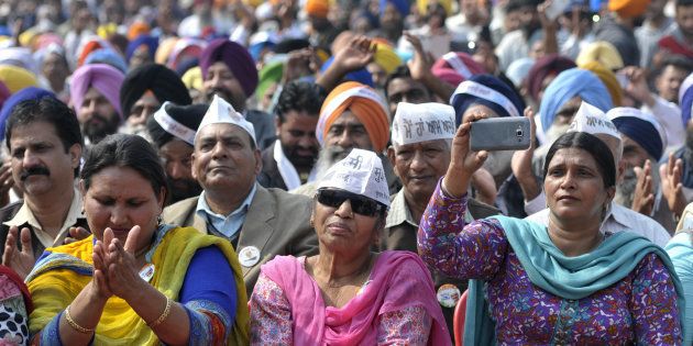 Supporters of AAP during a public rally of Delhi Chief Minister Arvind Kejriwal, on February 28, 2016 in Chandigarh, India.
