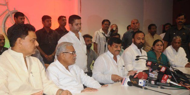 Samajwadi Party leader Shivpal Singh Yadav along with other sacked ministers from Uttar Pradesh Chief Minister Akhilesh Yadav's cabinet addressing during a press conference at Samajwadi party on October 23, 2016 in Lucknow.