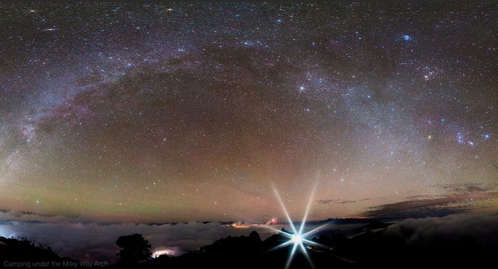 Stars in the Milky Way galaxy arc over the Himalayan night in a panorama. The bright light at the bottom of the image is from a tent perched on Hatu Peak, Himachal Pradesh.