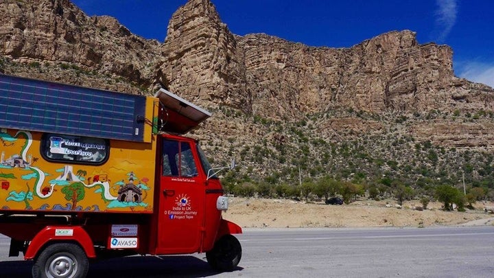 Rabelli's solar tuk-tuk on the road from Shiraz to Isfahan in Iran.