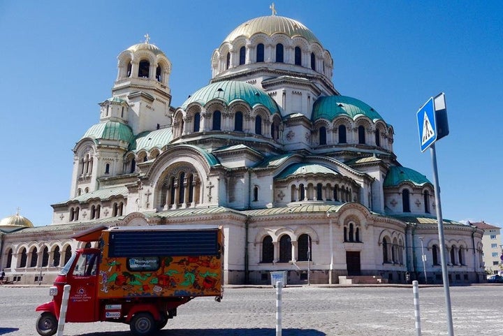 Rabelli's solar tuk-tuk at the Saint Alexander Nevski Cathedral in Sofia, Bulgaria.