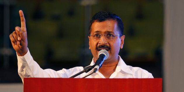 Delhi Chief Minister Arvind Kejriwal addresses a gathering after launching an anti-corruption helpline in New Delhi.