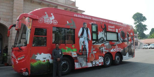 The hi-tech bus that will be used as Samajwadi Vikas Rath of Uttar Pradesh Chief Minister Akhilesh Yadav.