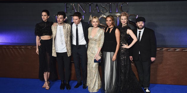 Katherine Waterston, Ezra Miller, Eddie Redmayne, J. K. Rowling, Carmen Ejogo, Alison Sudol and Dan Fogler attend the European premiere of 'Fantastic Beasts And Where To Find Them' at Odeon Leicester Square on November 15, 2016 in London, England. (Photo by Jeff Spicer/Getty Images)