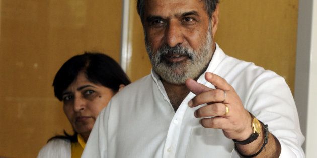 Former Union Minister of Commerce and Industry and Textiles and Congress leader Anand Sharma addresses the media on the opening day of the monsoon session on July 21, 2015 in New Delhi, India.