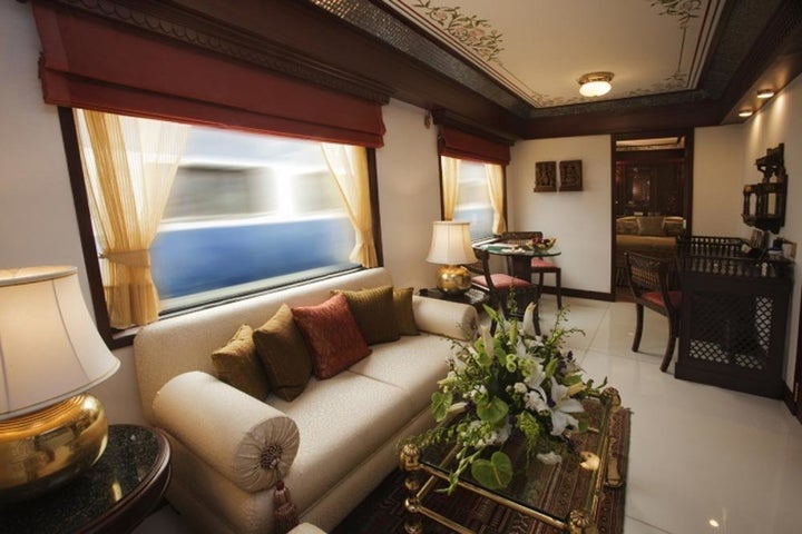 Each cabin on the Maharajas' Express has large windows, as well as live television, Wi-Fi, international telephone facility, a DVD player, temperature-controlled air-conditioning and round-the-clock valet service.