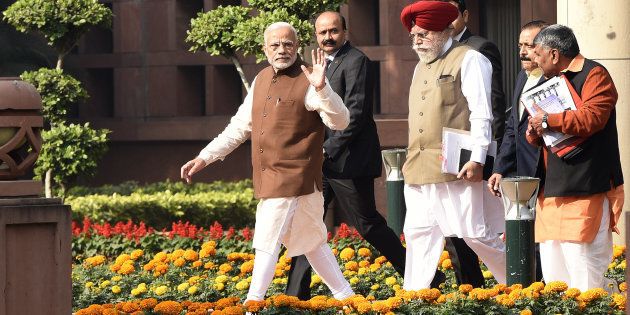 Prime Minister Narendra Modi leaves after the Bharatiya Janata Party parliamentary party meeting to attend the Winter Session at Parliament on November 29, 2016 in New Delhi, India. ( Photo by Sonu Mehta/Hindustan Times via Getty Images)