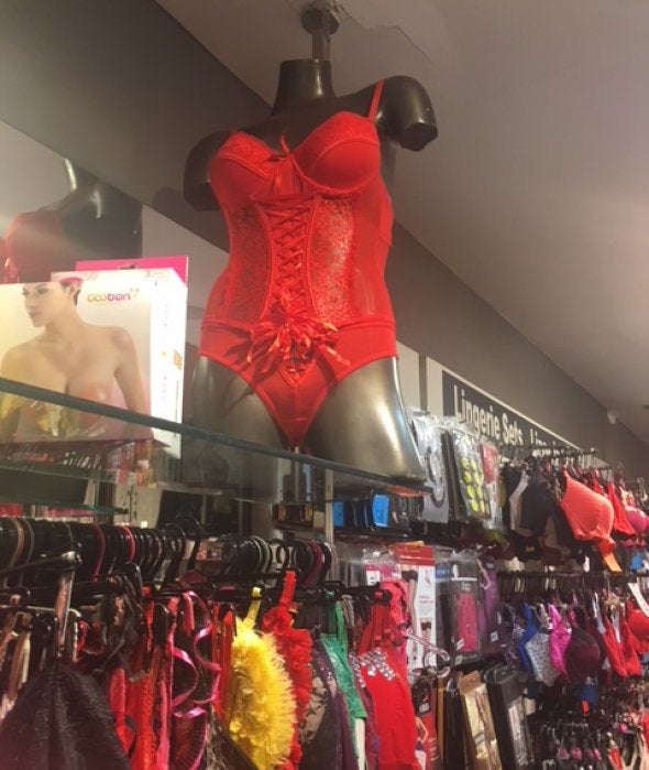 Underwear Corset at the shop window. Underwear in shop display d