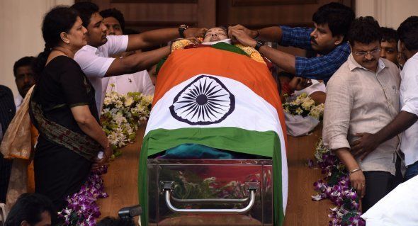 Coffin of Tamil Nadu Chief Minister Jayalalithaa Jayaram at Rajaji Hall in Chennai on December 6, 2016.