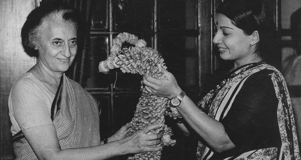 AIADMK leader Jayalalithaa, the newly elected Rajya Sabha Member, with the Prime Minister Indira Gandhi on April 21, 1984 in New Delhi, India.