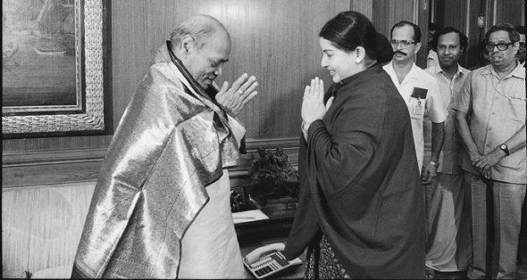 J Jayalalithaa with Prime Minister Narasimha Rao on July 16, 1991 in New Delhi, India.