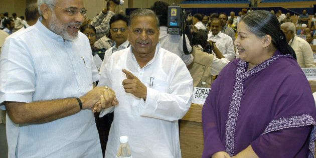 Narendra Modi (L), Mulayam Singh Yadav (C) and Jayalalitha (R) in 2005.