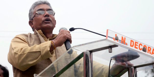 Dilip Ghosh addressing the crowd during the mega rally organized by Uthan Diwas Bengal BJP from College square to Y-channel to promote change in the incoming election at West Bengal.