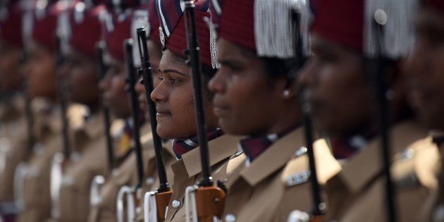 Indian police women take part in a rehearsal for Independence Day celebrations in Chennai on August 12, 2016, ahead of Independence Day on August 15. / AFP / ARUN SANKAR (Photo credit should read ARUN SANKAR/AFP/Getty Images)