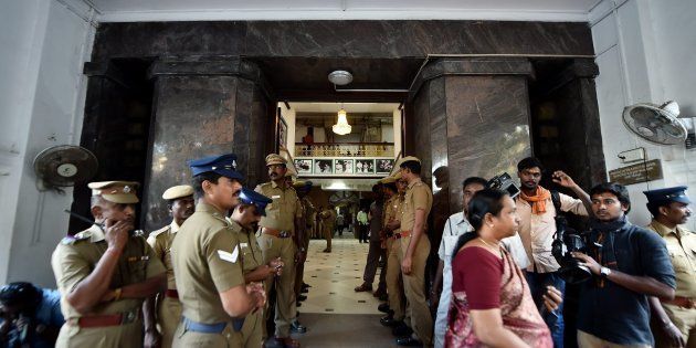 Police Personnel stands at one of the main entrance of Tamil Nadu State