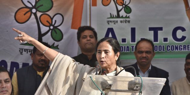 NEW DELHI, INDIA - NOVEMBER 23: TMC leader Mamata Banerjee addresses during the dharna against demonetization at Jantar Mantar on November 23, 2016 in New Delhi, India. In a show of strength, Bengal Chief Minister Mamata Banerjee, backed by JD(U), SP, NCP and AAP, on Wednesday held a demonstration against demonetisation in New Delhi and ramped up attack on Prime Minister Narendra Modi, alleging the country was not safe in his hands. (Photo by Mohd Zakir/Hindustan Times via Getty Images)