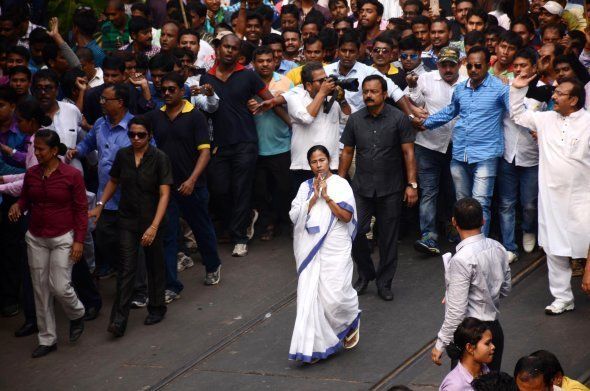 West Bengal Chief Minister and Trinamool Congress party supremo Mamata Banerjee (Center) during the protest rally against the government's decision of the demonetisation of Rs 1000 and Rs 500 notes in Kolkata , India on Monday , 28th November 2016.On Nov. 8, Prime Minister Narendra Modi announced that 500- and 1,000-rupee notes were no longer legal tender; people were given 50 days to deposit them in bank accounts or exchange them for new notes at banks and post offices . (Photo by Sonali Pal Chaudhury/NurPhoto via Getty Images)