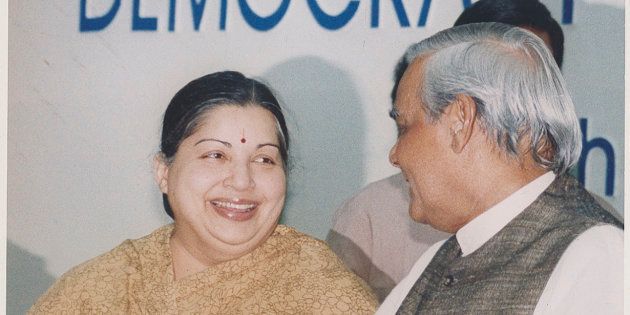 NEW DELHI, INDIA JANURAY 30, 1999: (File Photo) Prime Minister Atal Bihari Vajpayee with AIADMK Leader Jayalalithaa on January 30, 1999 in New Delhi, India. Tamil Nadu Chief Minister J Jayalalithaa suffered a cardiac arrest late on December 4, 2016. She has been put on a heart assist device. Jayalalithaa has been in intensive care since September 22, after she complained of fever, dehydration and congestion. It had been announced on December 4 that she had made a full recovery. (Photo by Hindustan Times via Getty Images)
