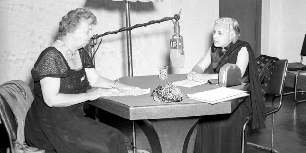 All-India Radio Question Hour being conducted by Mrs. Eleanor Roosevelt and Shrimati Vijayalakshmi at the A.I.R. Station New Delhi on March 14, 1952.