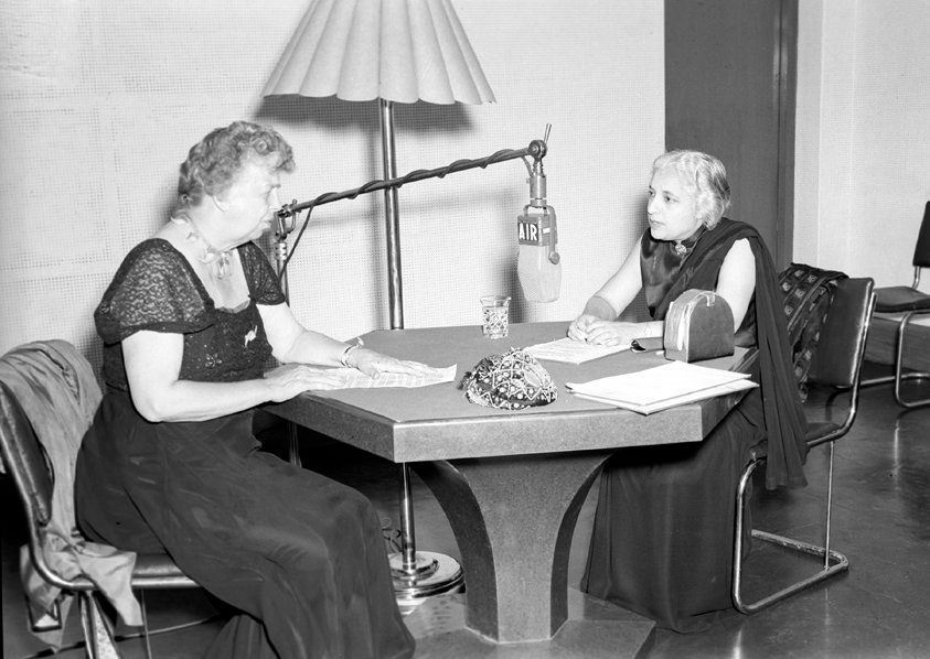 All-India Radio Question Hour being conducted by Mrs. Eleanor Roosevelt and Shrimati Vijayalakshmi at the A.I.R. Station New Delhi on March 14, 1952.