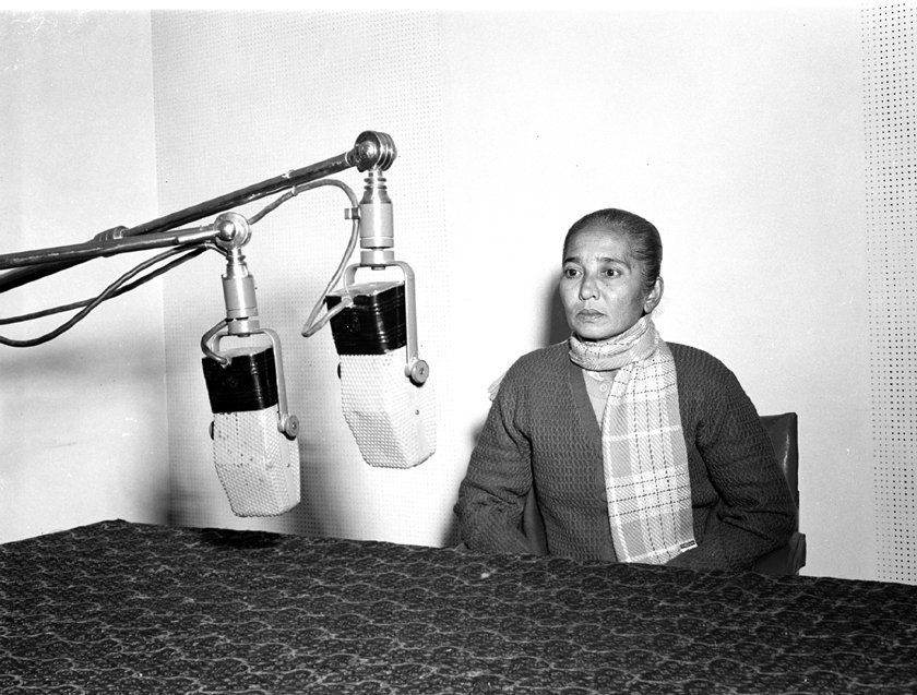 Rani Lakshmi of Nankor (Andaman Islands) recording her message on occasion of visit of Tribal Chiefs, then in Delhi to participate in the Republic Day Celebrations, to All India Radio Broadcasting House, New Delhi, on January 31, 1958.