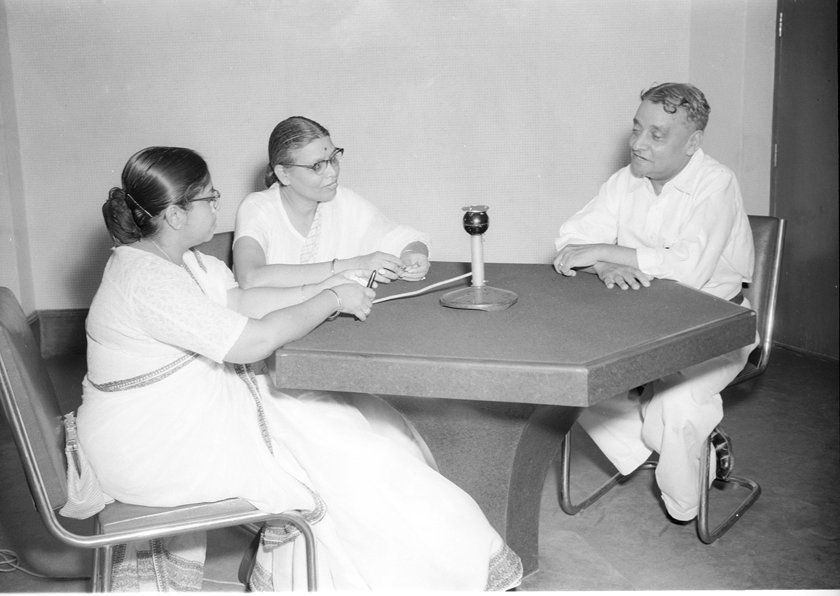A talk in Hindi being recorded at the All India Radio, New Delhi on August 13, 1958.