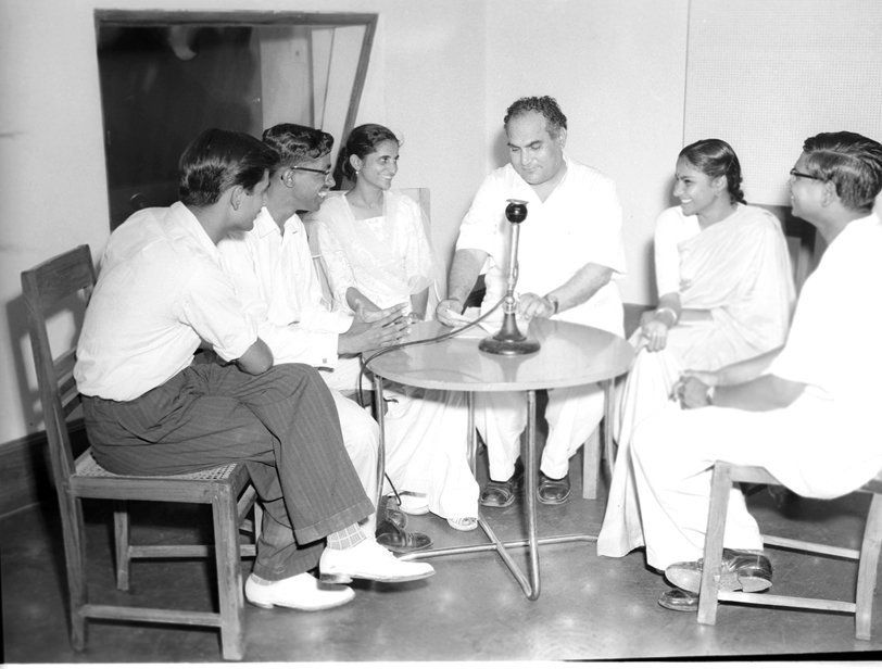 A discussion among students, conducted by M.M. Beg, being recorded at the All India Radio, New Delhi on August 13, 1958.
