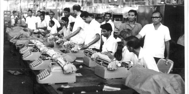 Test typists working on the Godrej M-12 typewriter in the 1960s.