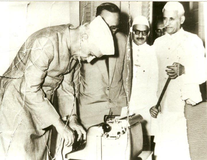 Jawaharlal Nehru typing on a Godrej typewriter at the Avadi session of the Indian National Congress in 1955.