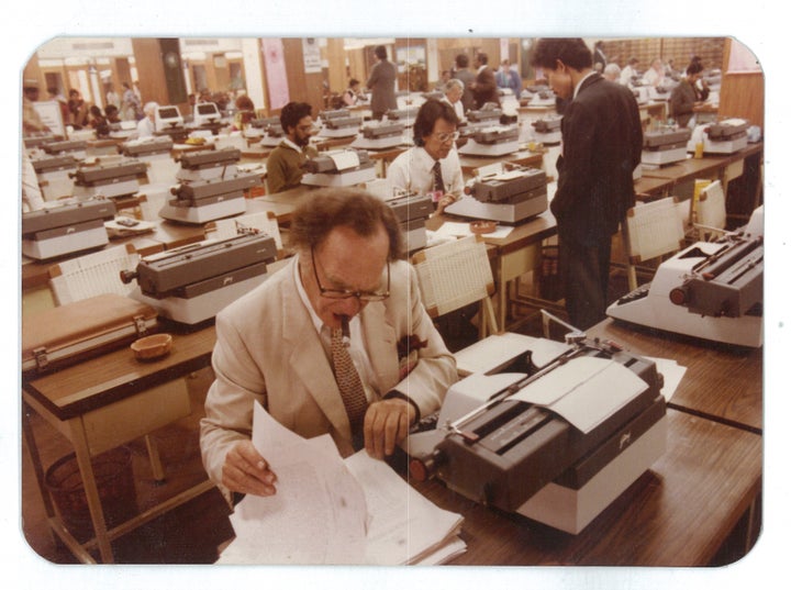 Journalists in the media room a the Seventh Non-Aligned Movement Summit in Delhi in 1983.