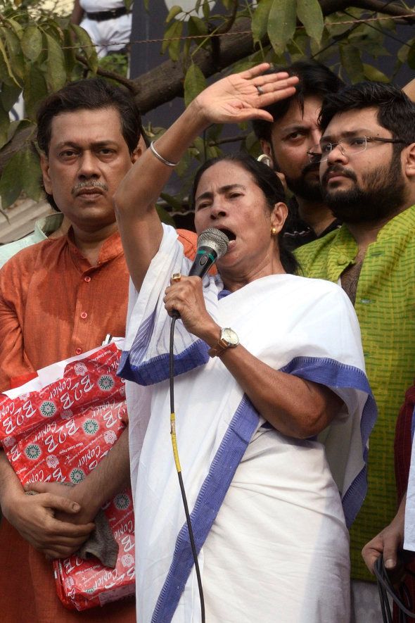 Chief Minister Mamata Banerjee gives speech to her activist against Narendra Modi lead government during the protest rally in Kolkata.
