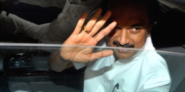 Dravida Munnettra Kazhagam leader M.K. Stalin departs after meeting with the UPA chairperson Sonia Gandhi at her residence on June 2012 in New Delhi, India.