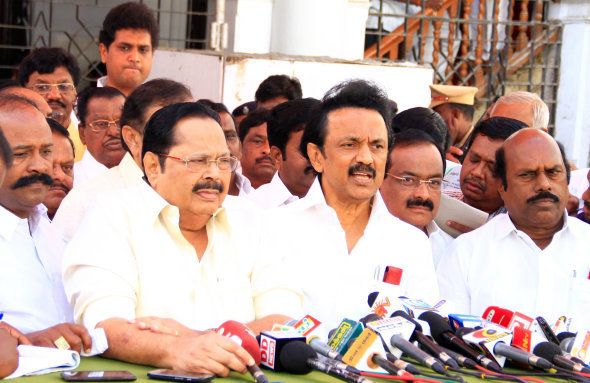 DMK leader MK stalin breifing the media after the party MLA's staged a walk out from the Tamil Nadu assembly session.