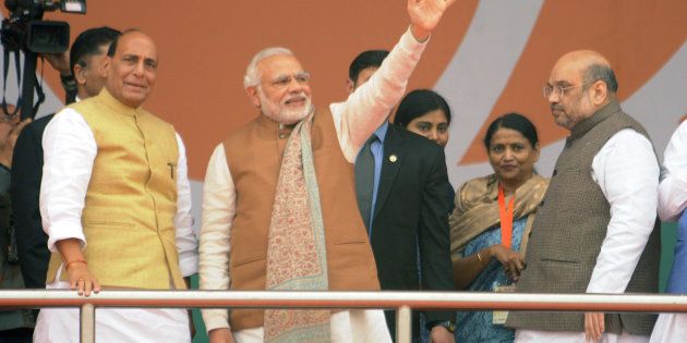 Prime Minister Narendra Modi along with BJP President Amit Shah, Union Home Minister Rajnath Singh and other senior BJP leaders during a Parivartan Rally at Ramabai Ambedkar Grounds, on January 2, 2017 in Lucknow, India.