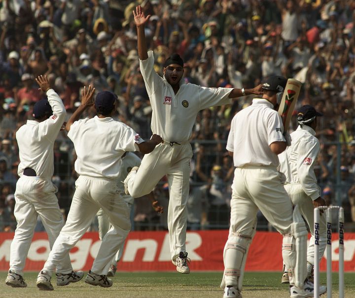 15 Mar 2001: Harbhajan Singh of India claims the wicket of Ricky Ponting of Australia, during day five of the 2nd Test between India and Australia played at Eden Gardens, Calcutta, India. India won by 171 runs X DIGITAL IMAGE Mandatory Credit: Hamish Blair/ALLSPORT
